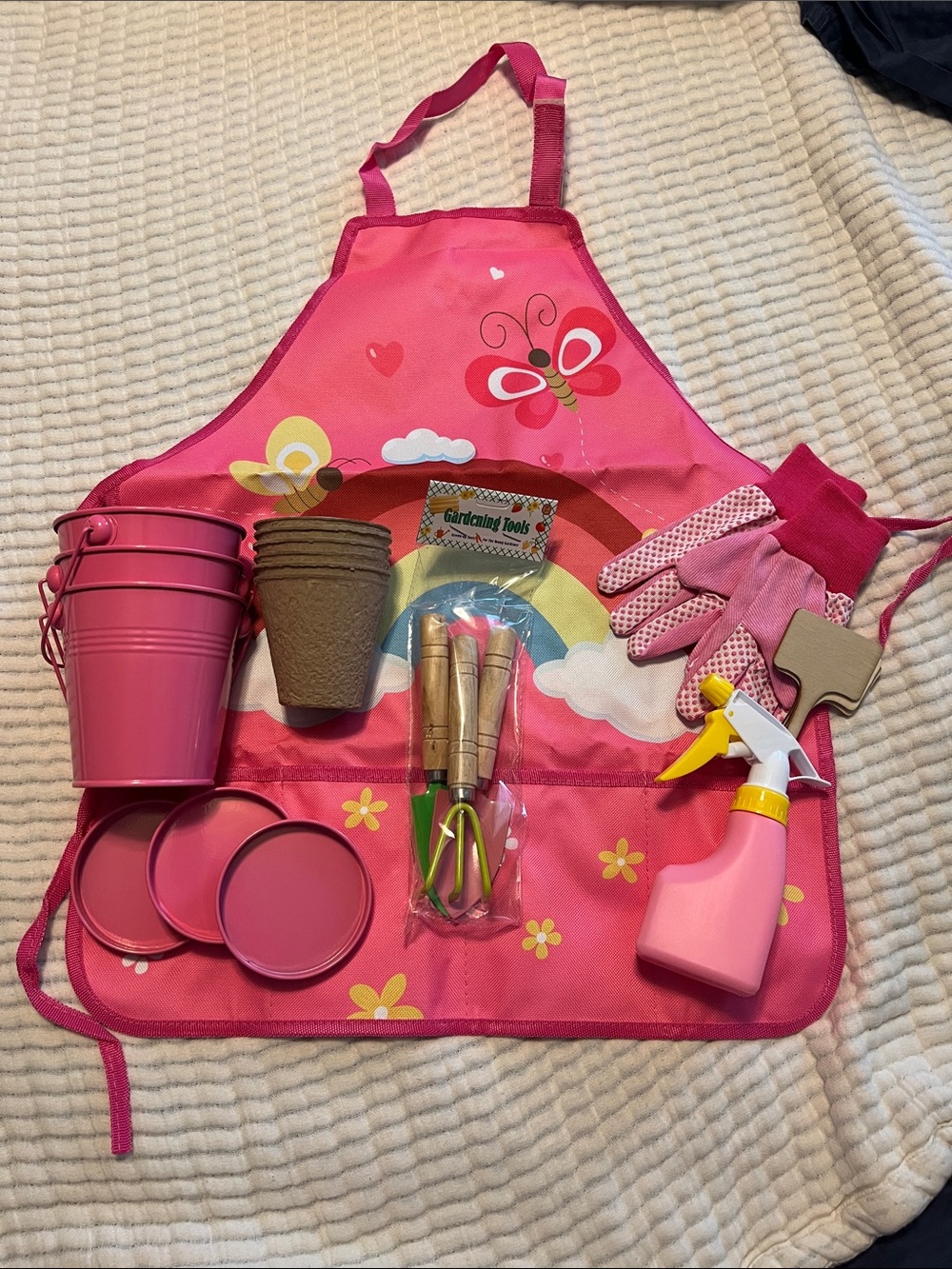Children's Pink Gardening Apron Set with Tools and Gloves